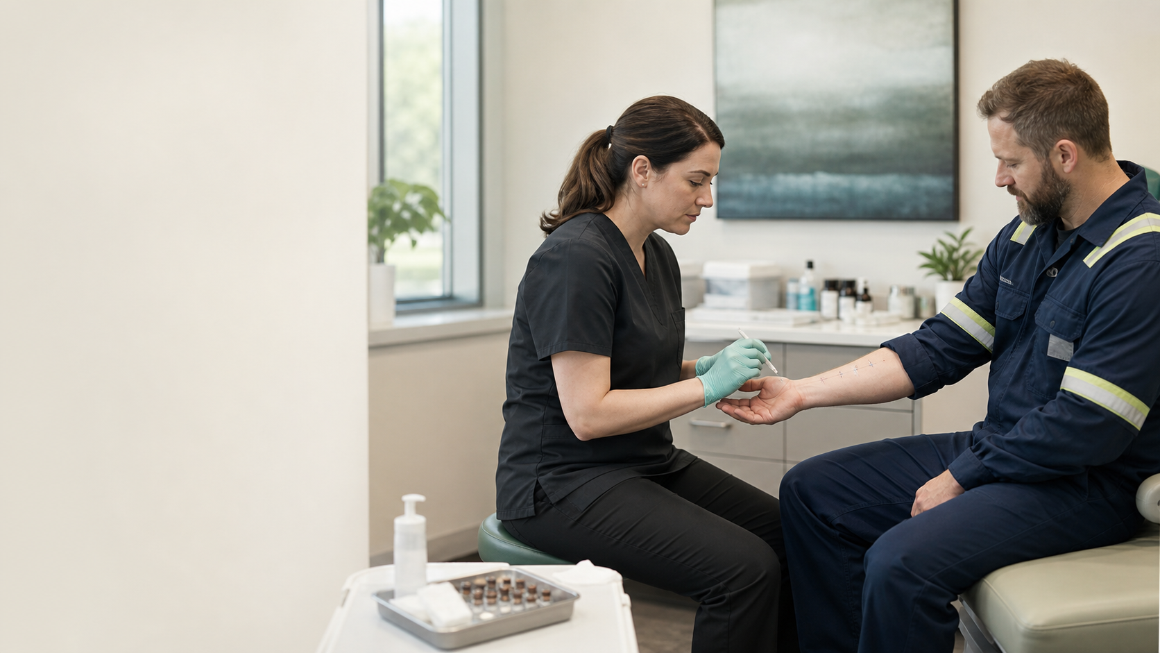 A clinician performing allergy skin testing for an industrial employee