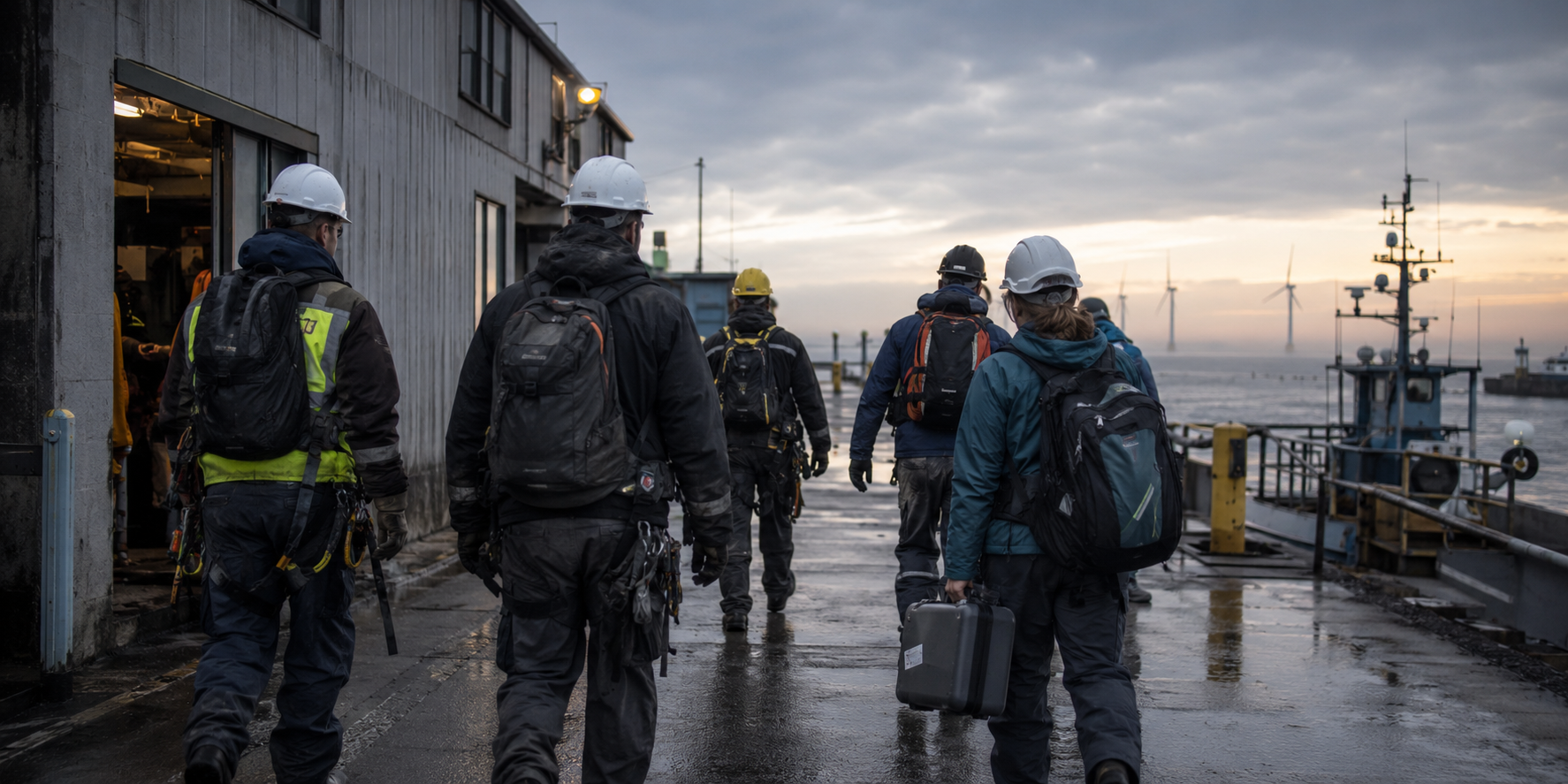 Workers supporting offshore wind and maritime operations in a Northeast harbor