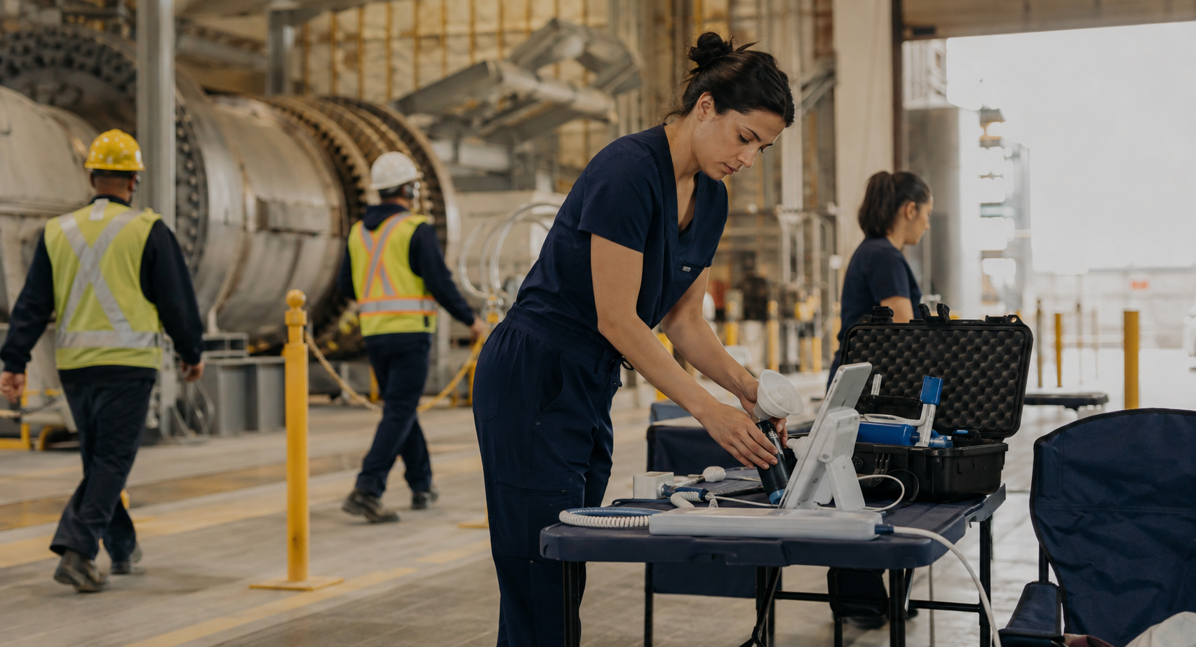 A clinician providing occupational healthcare inside an industrial workplace