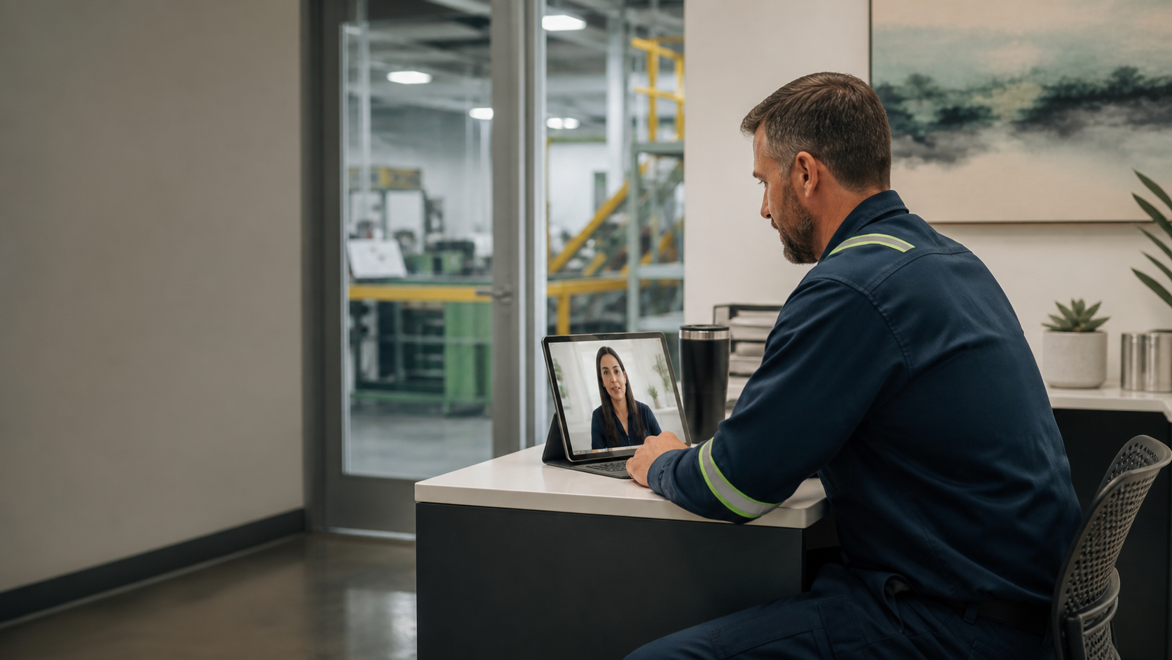 An industrial employee meeting virtually with a clinician from a private workplace room