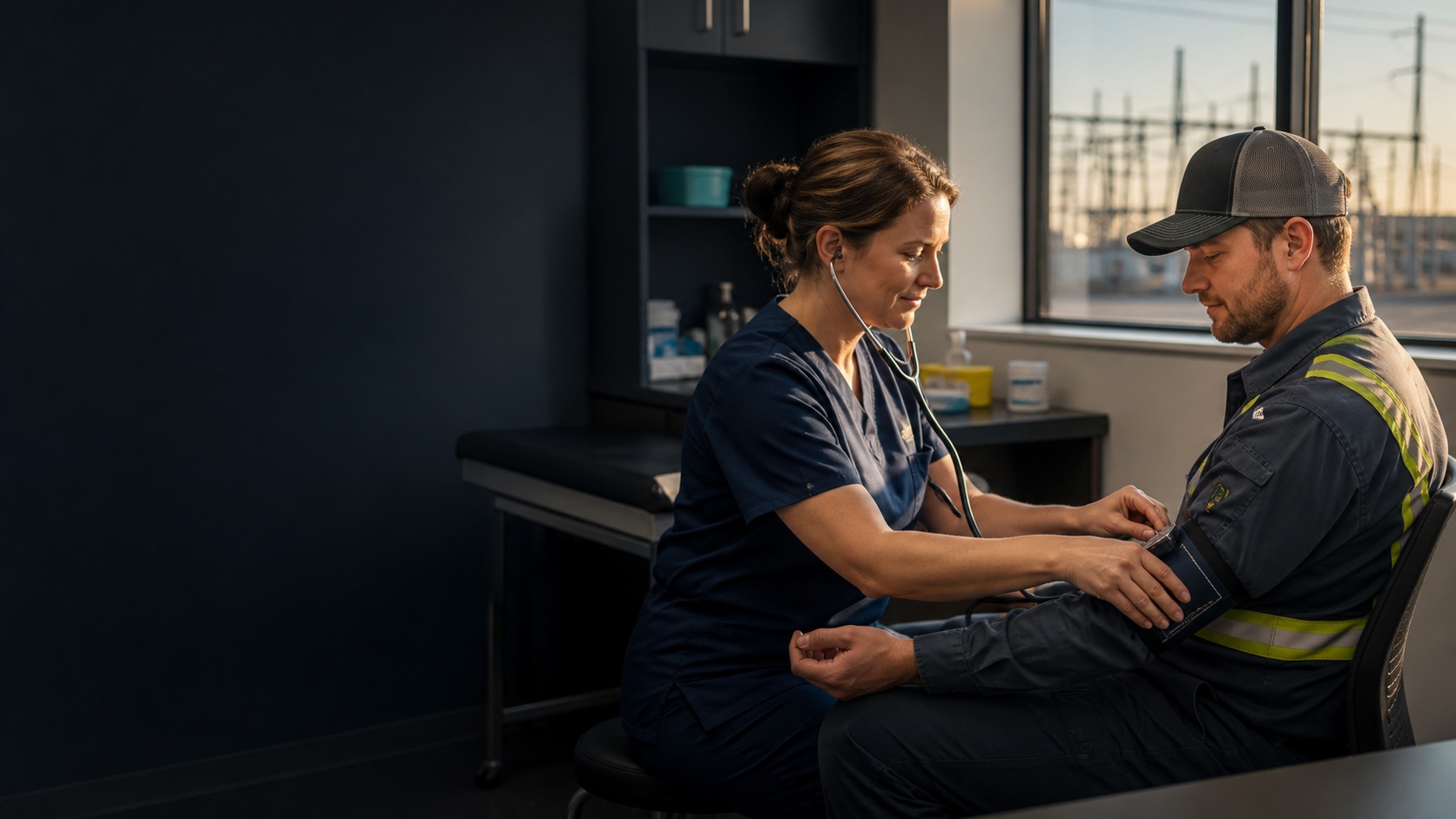 A clinician checking a utility worker's blood pressure near energy infrastructure