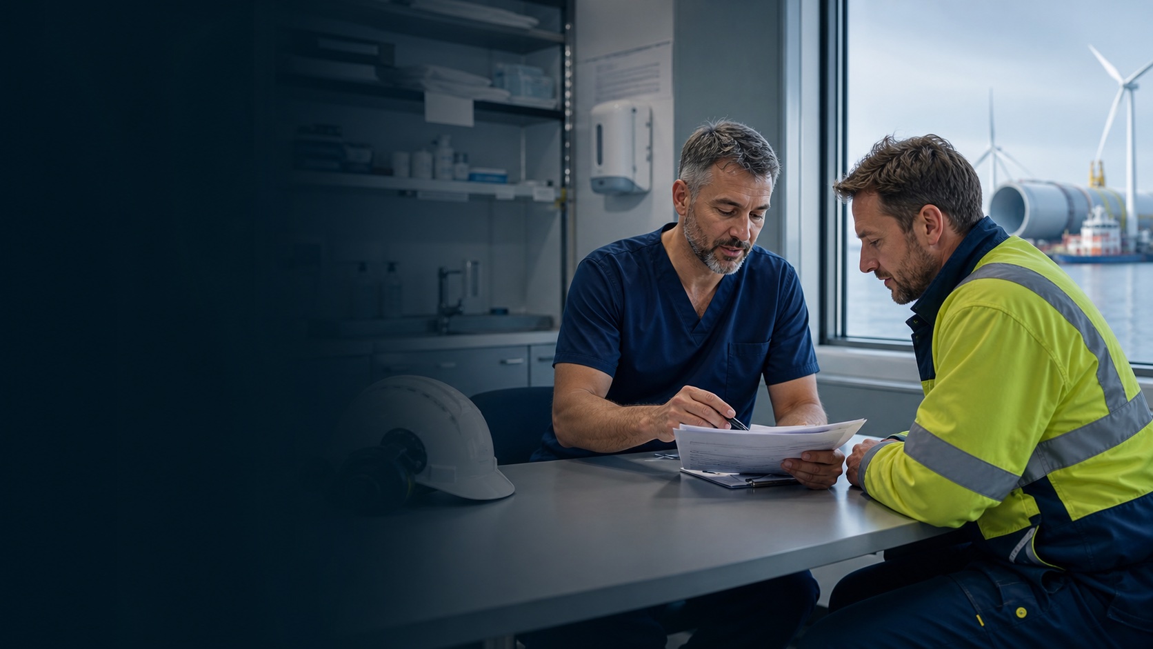 A clinician reviewing medical-readiness paperwork with an offshore wind worker near a port